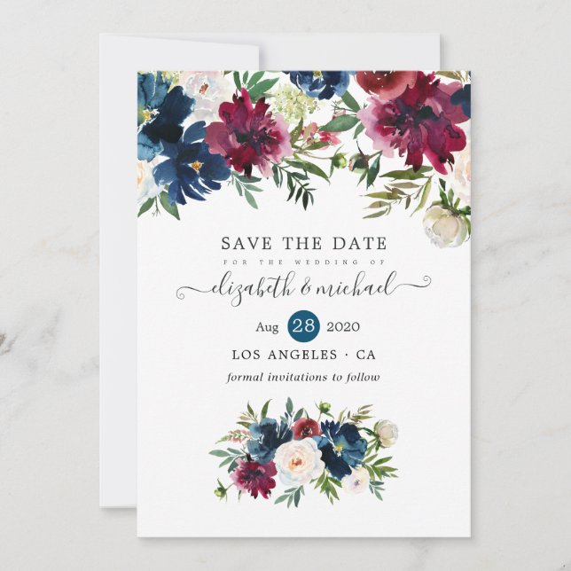 Reserve A Data Floral Aquarela Bordo e Azul Marinho (Frente)