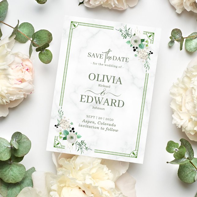 Reserve A Data Floral Aquarela Verde com Casamento de Mármore (Criador carregado)