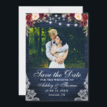 Reserve A Data Floral Azul Rustico de Madeira Luzes Foto Burgundy<br><div class="desc">Floral Azul de Madeira Luzes de Cordão Aquarela Burgundy Marsala,  rosas burgundy,  rosas rosa e folhagens Cartão de Salvar a Data do Casamento de Renda</div>