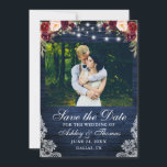 Reserve A Data Floral Azul Rustico de Madeira Luzes Foto Burgundy<br><div class="desc">Floral Azul de Madeira Luzes de Cordão Aquarela Burgundy Marsala,  rosas burgundy,  rosas rosa e folhagens Cartão de Salvar a Data do Casamento de Renda</div>