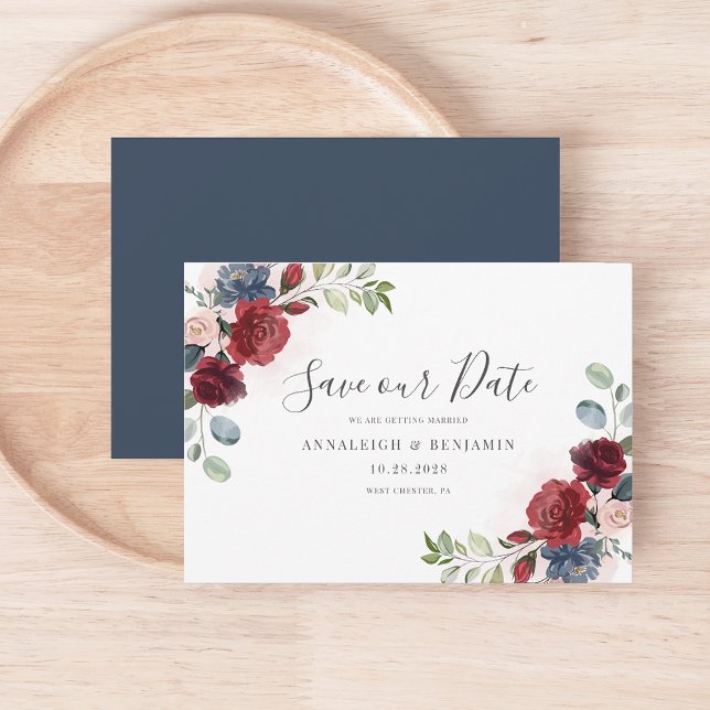 Reserve A Data Floral Borgonha Aquarela Azul Cinza Botânica (Save the Date Floral Burgundy Wedding Script Announcement Card)