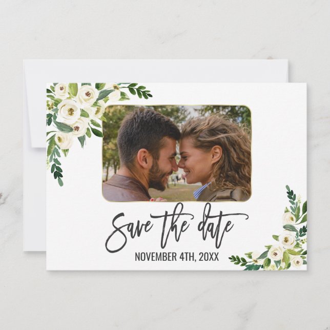 Reserve A Data Floral Branca Fotografia Save The Date (Frente)