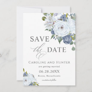 Reserve A Data Floral Branco e Azul Elegante Salvar a Data