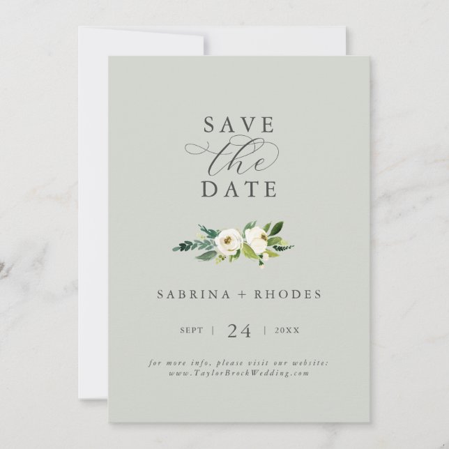 Reserve A Data Floral Branco Elegante | Sage Mint Salvar a Data (Frente)