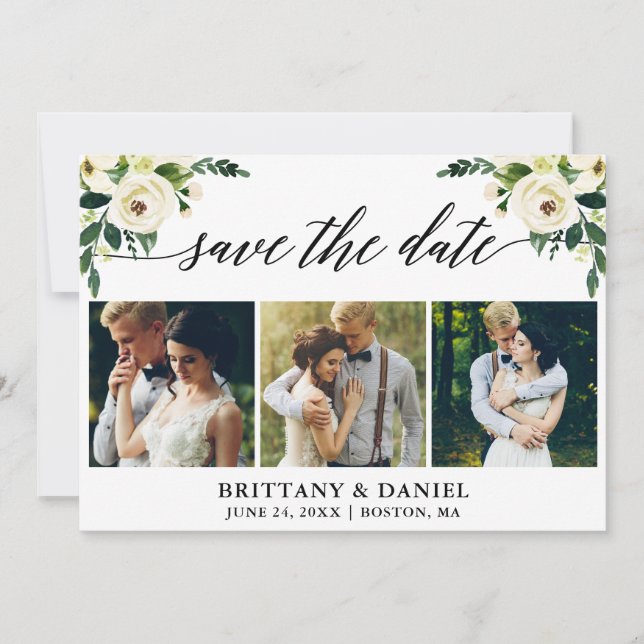 Reserve A Data Floral Branco Verde da Caligrafia Moderna 3 Foto (Frente)