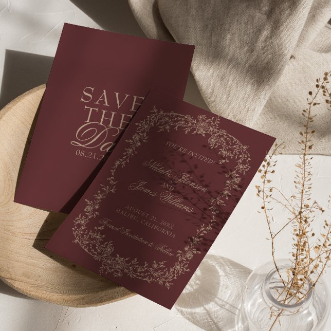 Reserve A Data Floral Burgundy Beige Botanical Old Money Wedding (Criador carregado)