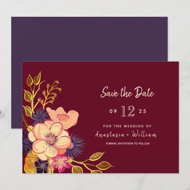 Reserve A Data Floral Burgundy Casamento Salvar A Data (Frente/Verso)