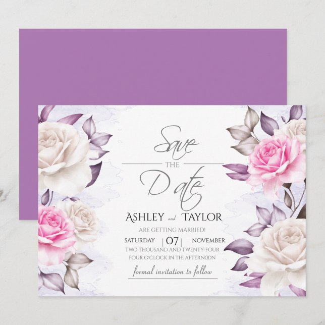 Reserve A Data Floral Casamento Aquarela Roxo e Rosa (Frente/Verso)