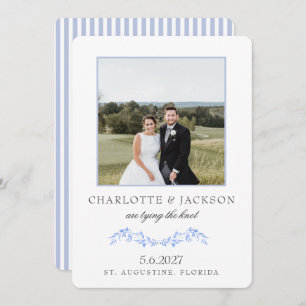 Reserve A Data Floral Clássico Elegante Azul Dusty Com Foto