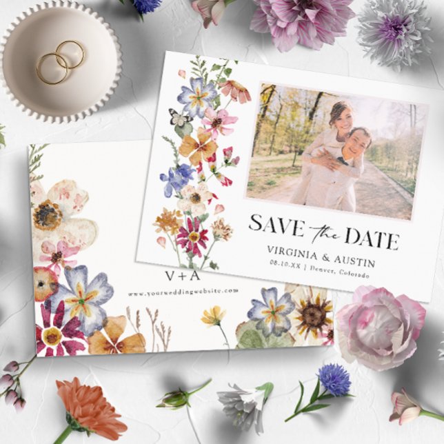 Reserve A Data Floral Colorido (Colorful Wildflower Wedding Save The Date by Painted Paperie)