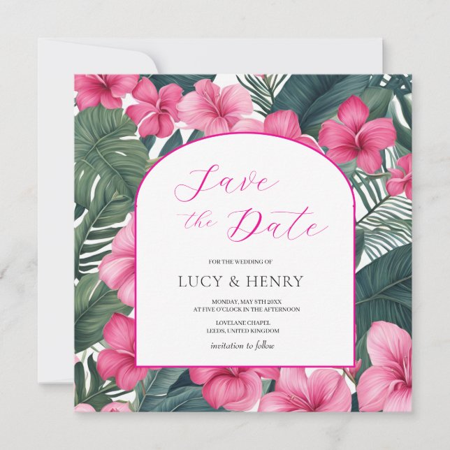 Reserve A Data Floral de Férias Rosa Tropical (Frente)