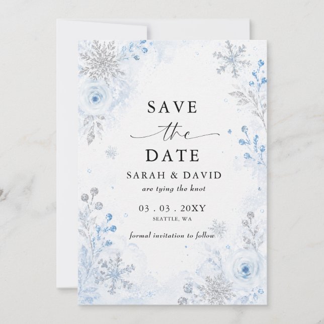 Reserve A Data Floral de floco de neve azul prateado de casamento (Frente)