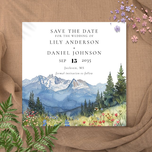 Reserve A Data Floral de Flores Silvestres Montanhosas em Aquarel (Watercolor Mountain Wildflower Floral Wedding Save The Date)