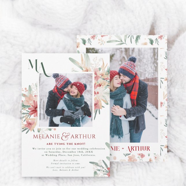 Reserve A Data Floral de Natal de Inverno Rústico 2 Foto Casament (Rustic Winter Christmas Floral 2 Photo Wedding Save The Date)