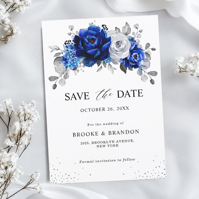 Reserve A Data Floral de Prata Metálico Real Azul Branco (Royal Blue White Metallic Silver Floral Save The Date card)