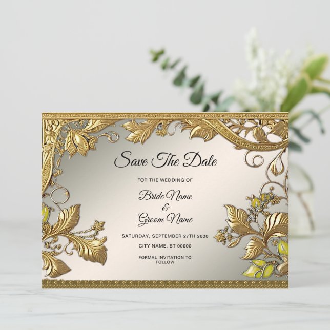 Reserve A Data Floral Decorativo Dourado Elegante Salvar a Data (Em pé/Frente)