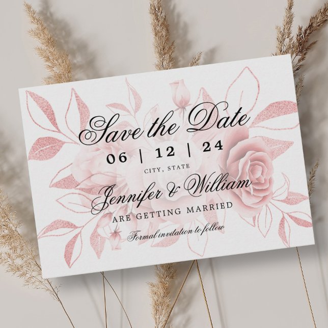 Reserve A Data Floral Dourado de Blush Rosa de Script Elegante (Criador carregado)