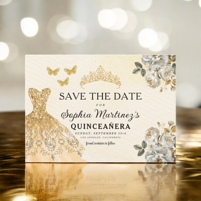 Reserve A Data Floral Dourado Salve a Data Aniversário Quinceaner (Criador carregado)