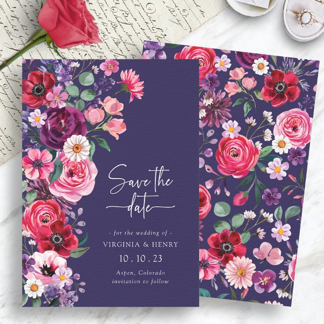 Reserve A Data Floral Mal-humorada (Moody Navy Blue Floral Save The Date Card by Painted Paperie
)
