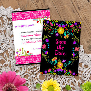Reserve A Data Floral Mexicano Fiesta & Papel Picado - Preto