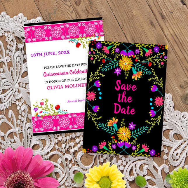 Reserve A Data Floral Mexicano Fiesta & Papel Picado - Preto (Quinceanera save the date with papel picado from my Mexican Fiesta Floral collection
)