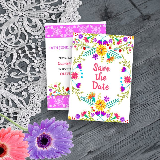 Reserve A Data Floral Mexicano Fiesta & Papel Picado White (Save the Date card from my Mexican Fiesta Flowers Quinceanera Collection)