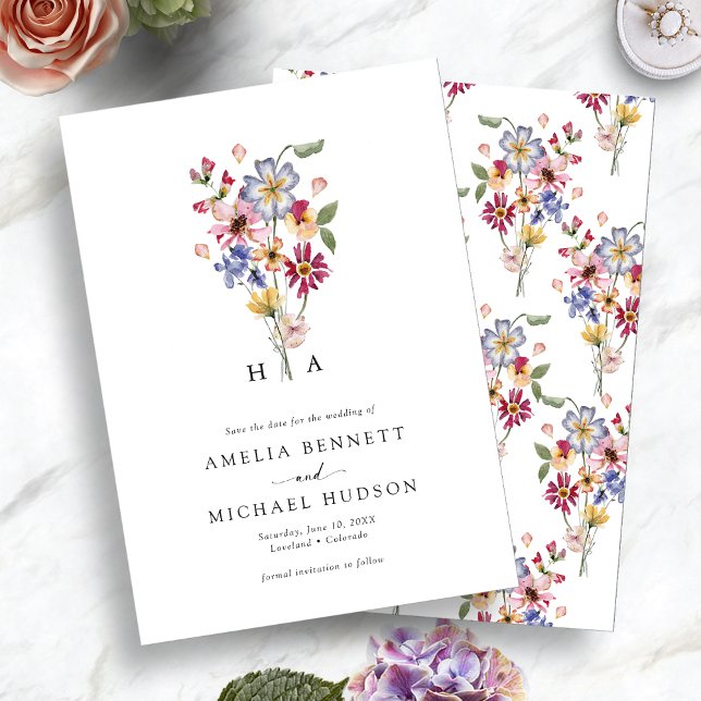 Reserve A Data Floral Monogramada Colorida (Colorful Monogrammed Floral Save The Date by Painted Paperie
)