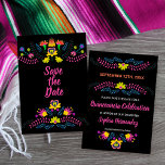 Reserve A Data Floral Negro do Partido Fiesta Mexicano<br><div class="desc">Mexicano Floral Salve o cartão de datilografo em flores coloridas de arte folk mexicanas Fiesta. O design é decorado de ambos os lados e o modelo está pronto para você adicionar sua data especial, seu nome, a ocasião e o texto personalizado ao fundo O design pode ser personalizado para se...</div>