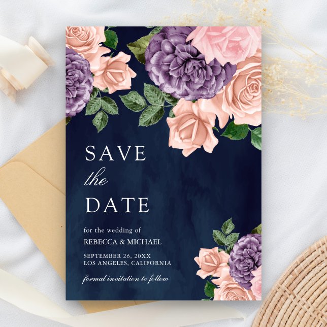 Reserve A Data Floral Roxo Poeira Azul Naval Casamento (Criador carregado)
