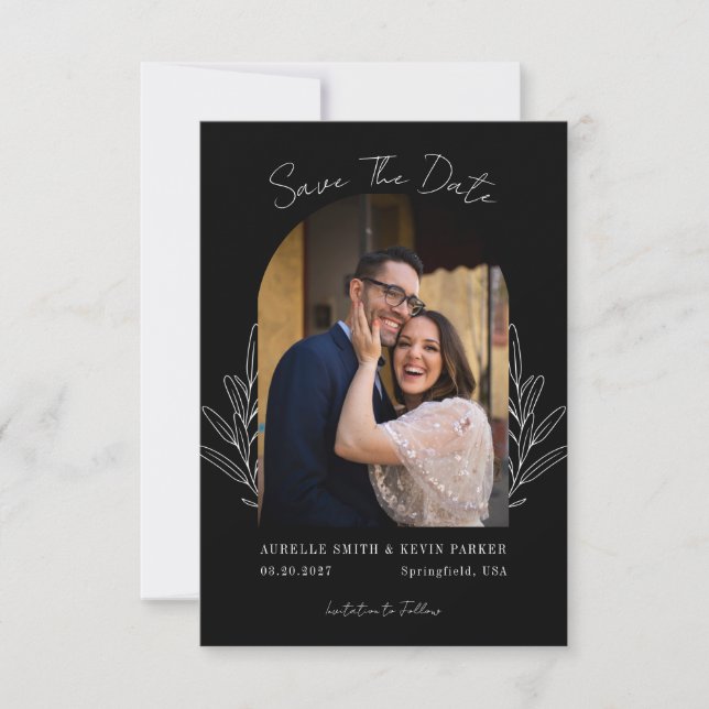 Reserve A Data Floral Rustic Arch Photo Black Wedding Monogram (Frente)