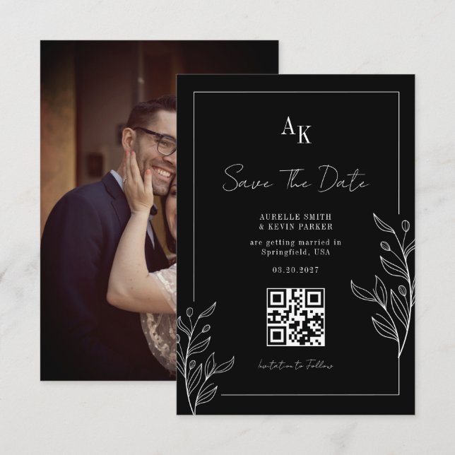 Reserve A Data Floral Rustic Black Elegant Photo Back QR Wedding (Frente/Verso)
