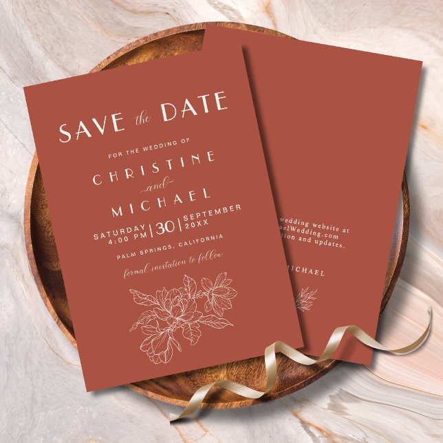 Reserve A Data Floral Terracotta Elegant Wedding (Elegant Floral Terracotta Wedding Save the Date Invitation with Magnolia Flower, Wedding Website.)