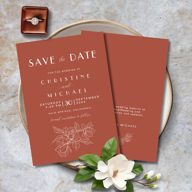 Reserve A Data Floral Terracotta Elegant Wedding BOHO (Floral Terracotta Elegant Wedding BOHO Save the Date Invitation with Magnolia Flowers, Website.)