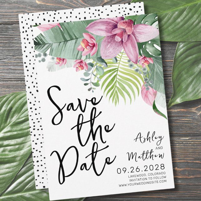Reserve A Data Floral Tropical Beach Wedding (Chic Modern Floral Watercolor Tropical Wedding Save The Date)