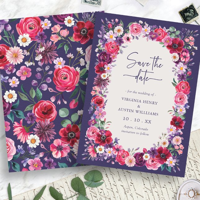 Reserve A Data Floral Vermelho (Navy Blue Red Watercolor  Floral Save The Date Card by Painted Paperie
)