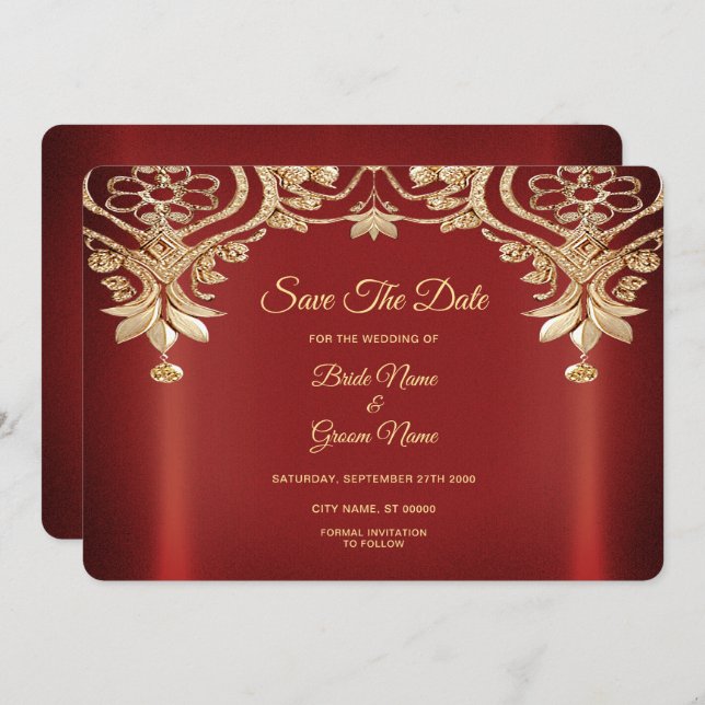 Reserve A Data Floral Vermelho Moderno Dourado Salve A Data (Frente/Verso)