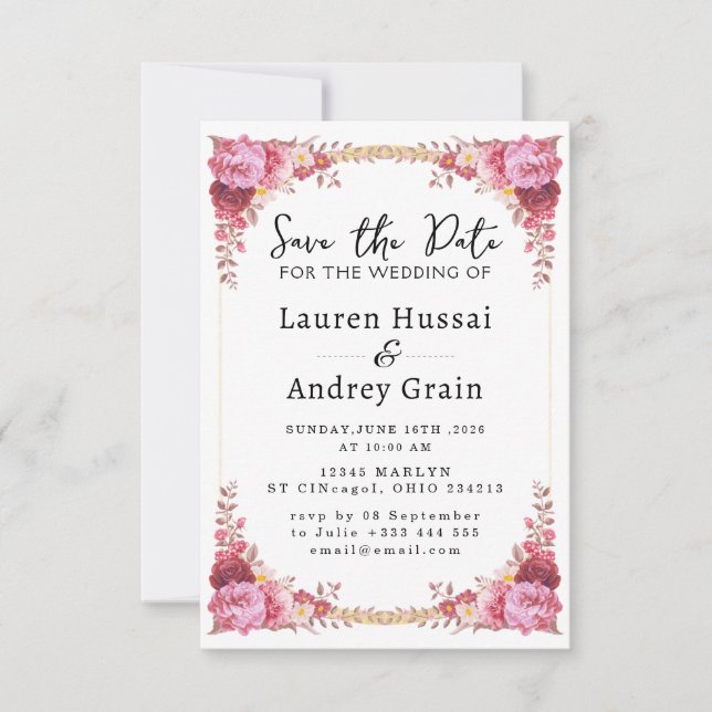 Reserve A Data Floral Wedding Save the Date Invitation (Frente)