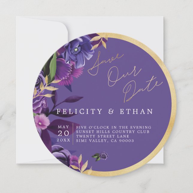Reserve A Data Florals Ultra Violet E Dourado Casamento Salvem A  (Frente)