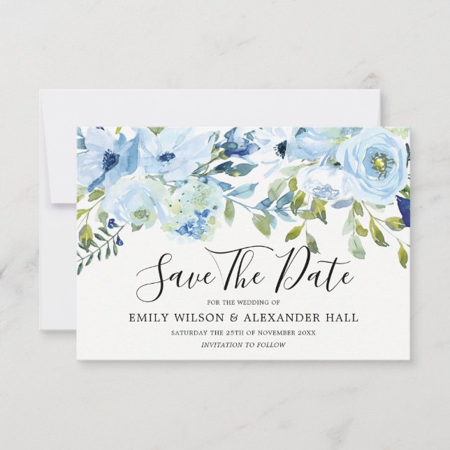 Reserve A Data Flores Aquarela Azul Céu Casamento Moderno (Frente)