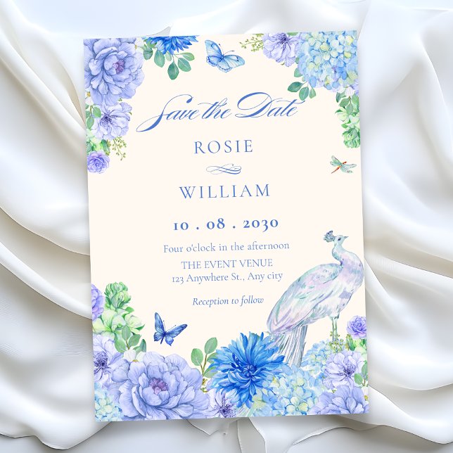 Reserve A Data Flores azul aquarela em flor pavão casamento (Criador carregado)