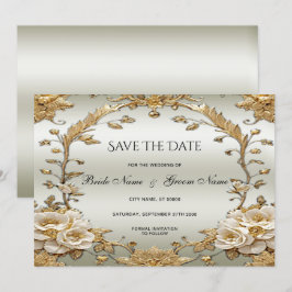 Reserve A Data Flores Brancas do Ornamentado do ouro Salvem a Dat