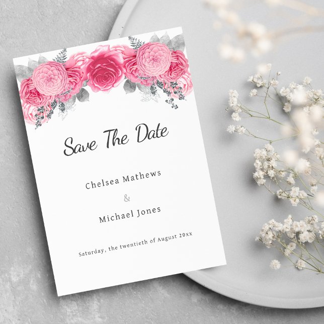 Reserve A Data Flores brancas-reluzentes de prata salvam a data (Glam silver glitter white pink flora Save The Date)