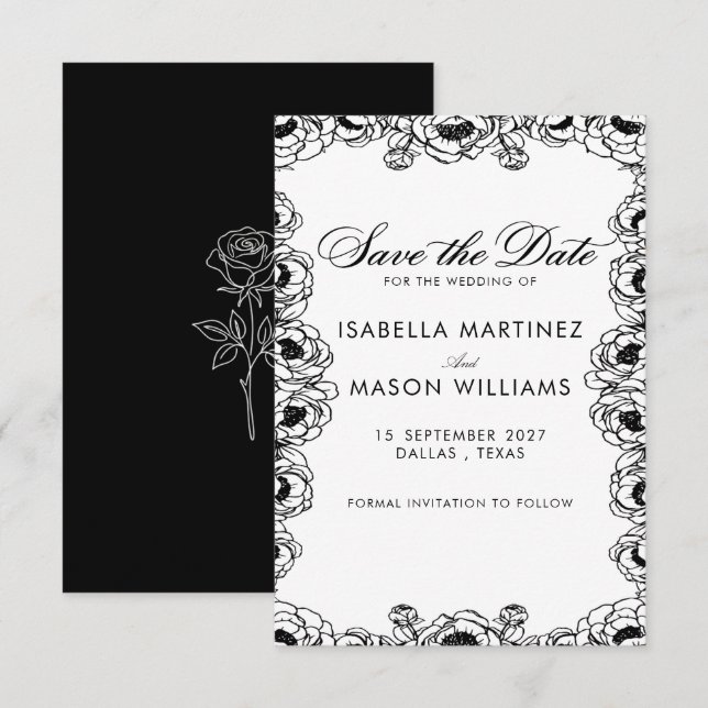 Reserve A Data Flores clássicas em preto e branco para salvar a d (Frente/Verso)