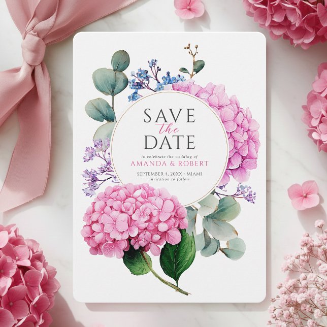 Reserve A Data Flores de Hortênsia Rosa Aquarela Casamento Elegan (Pink Hydrangea Flowers Watercolor Elegant Wedding Save The Date)