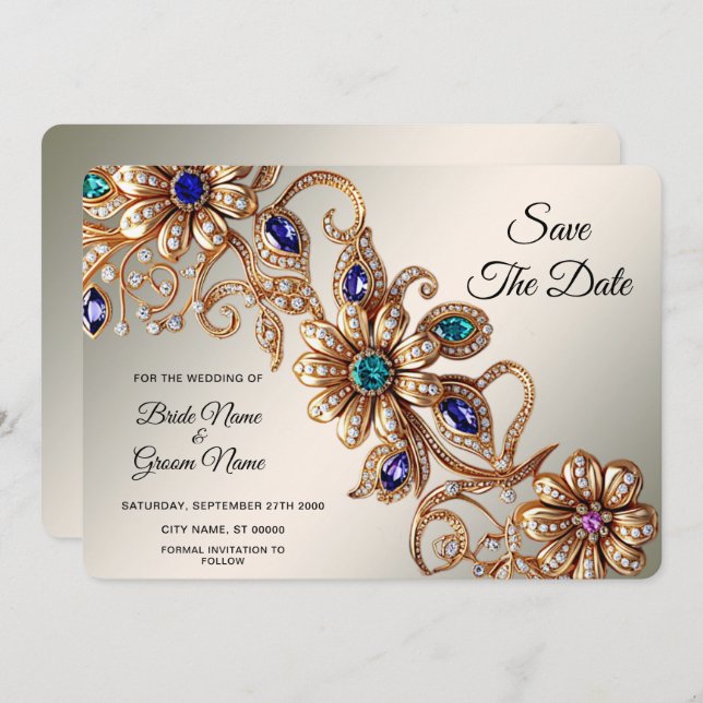 Reserve A Data Flores de Joias Douradas Elegantes Salvem a Data (Frente/Verso)
