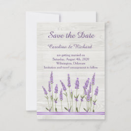 Reserve A Data Flores de lavanda roxa em madeira Salve a Data