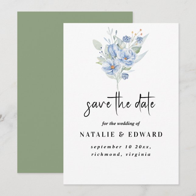 Reserve A Data flores e folhas em aquarela azul empoeirado rústic (Frente/Verso)