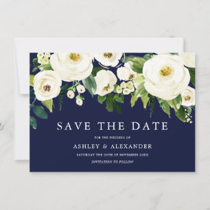 Reserve A Data Flores em Flor Navy & Branco Elegantes Todas as Es