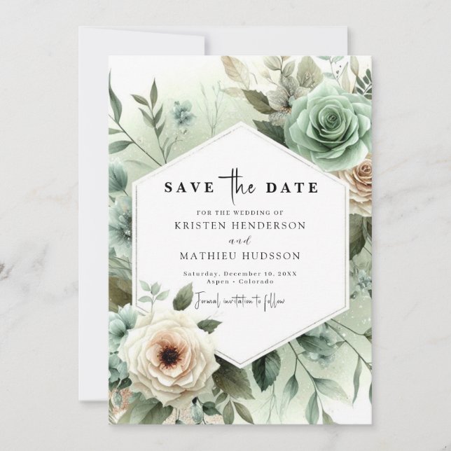 Reserve A Data Flores Minimalistas Chic Sage Casamento Verde (Frente)