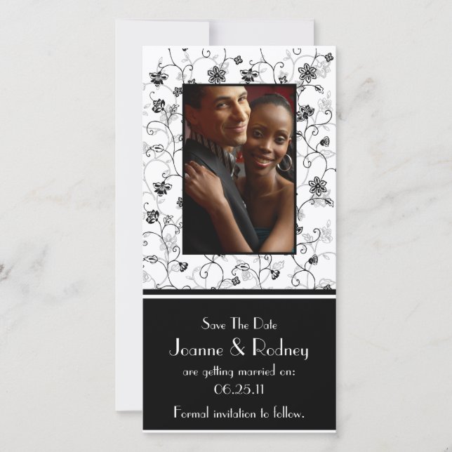 Reserve A Data Flores Pretas e Brancas Foto para Salvar a Data (Frente)